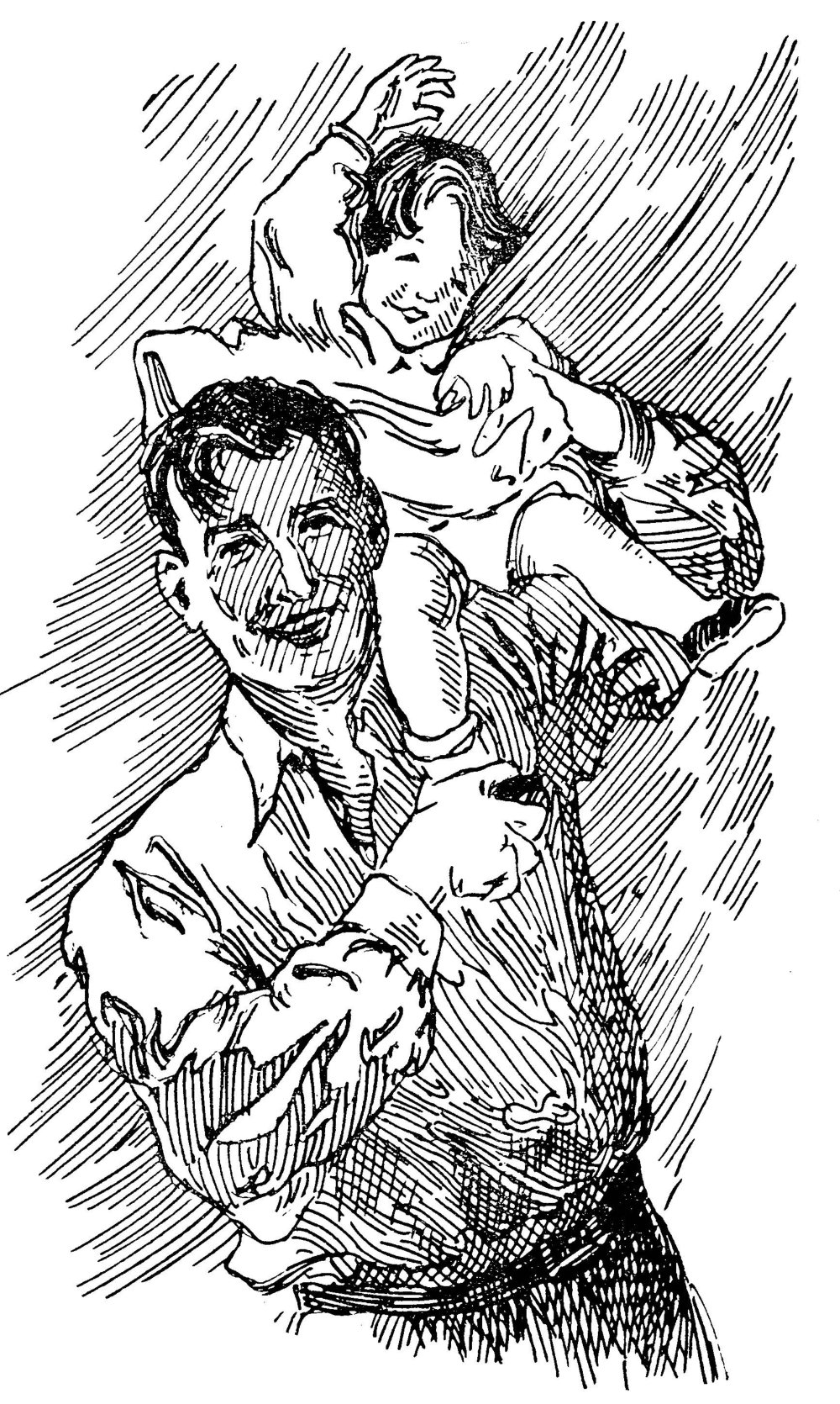 رسم أب يحمل طفله على كتفيه