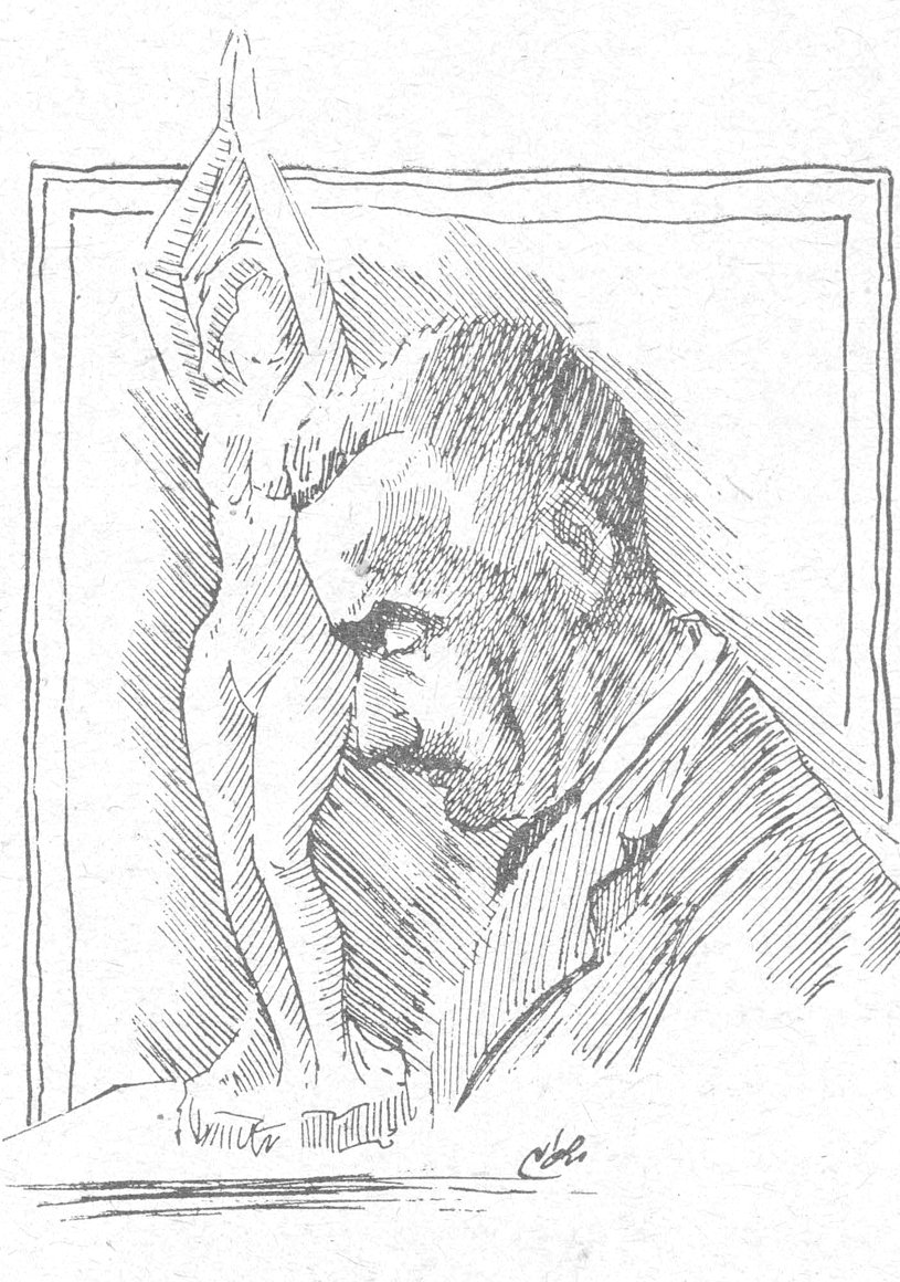 رسم فني لرجل نحات أمام تمثال