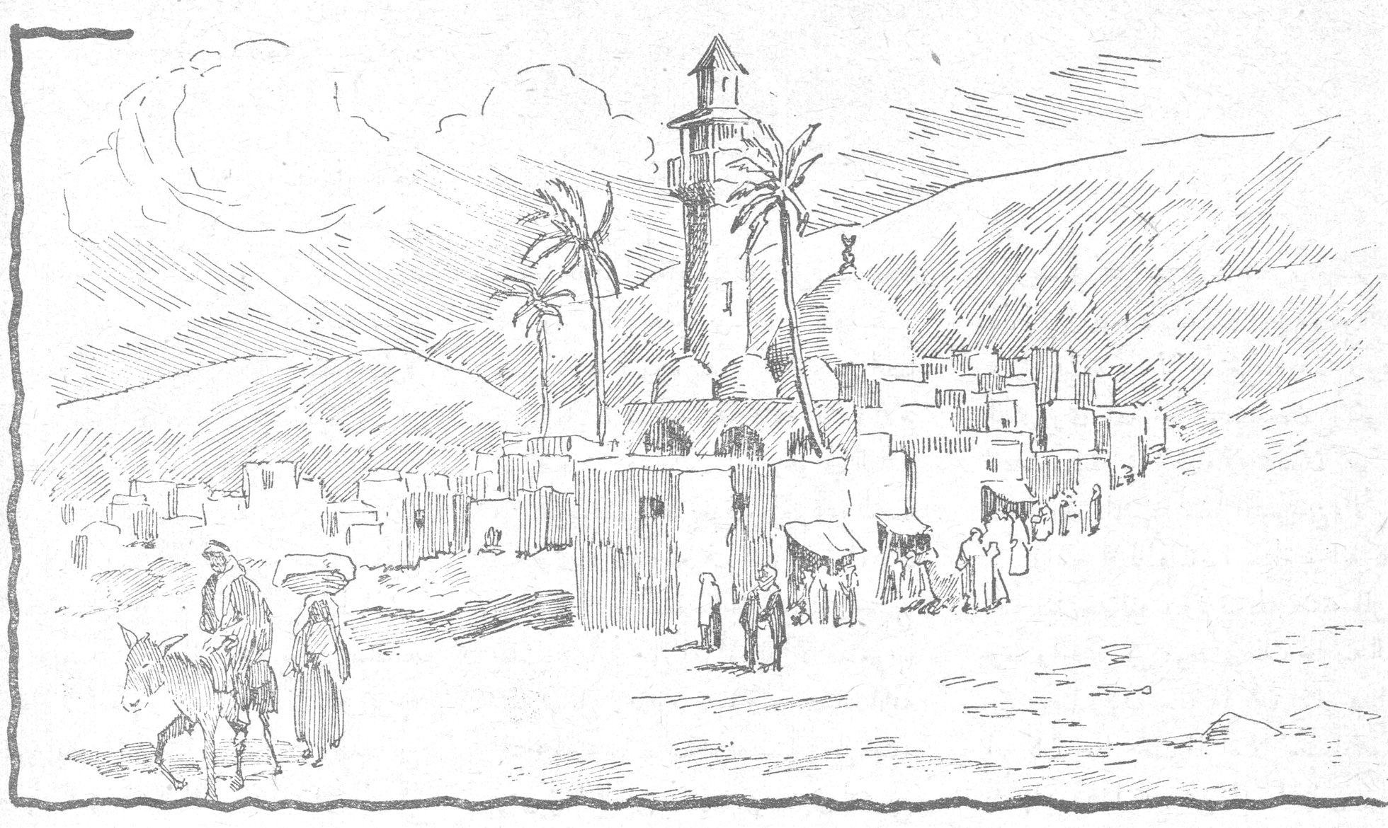 رسم لقرية عربية ومئذنة ونخيل وقافلة