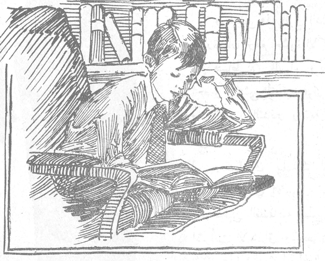 رسم صبي يقرأ كتاباً أمام مكتبة