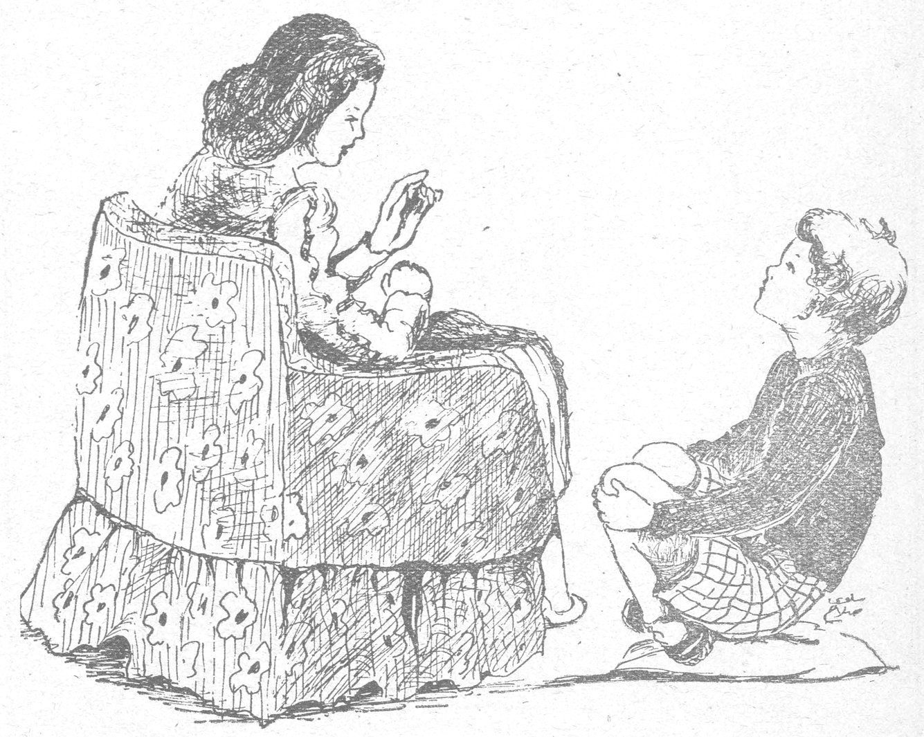 رسم أم جالسة وطفل أمامها