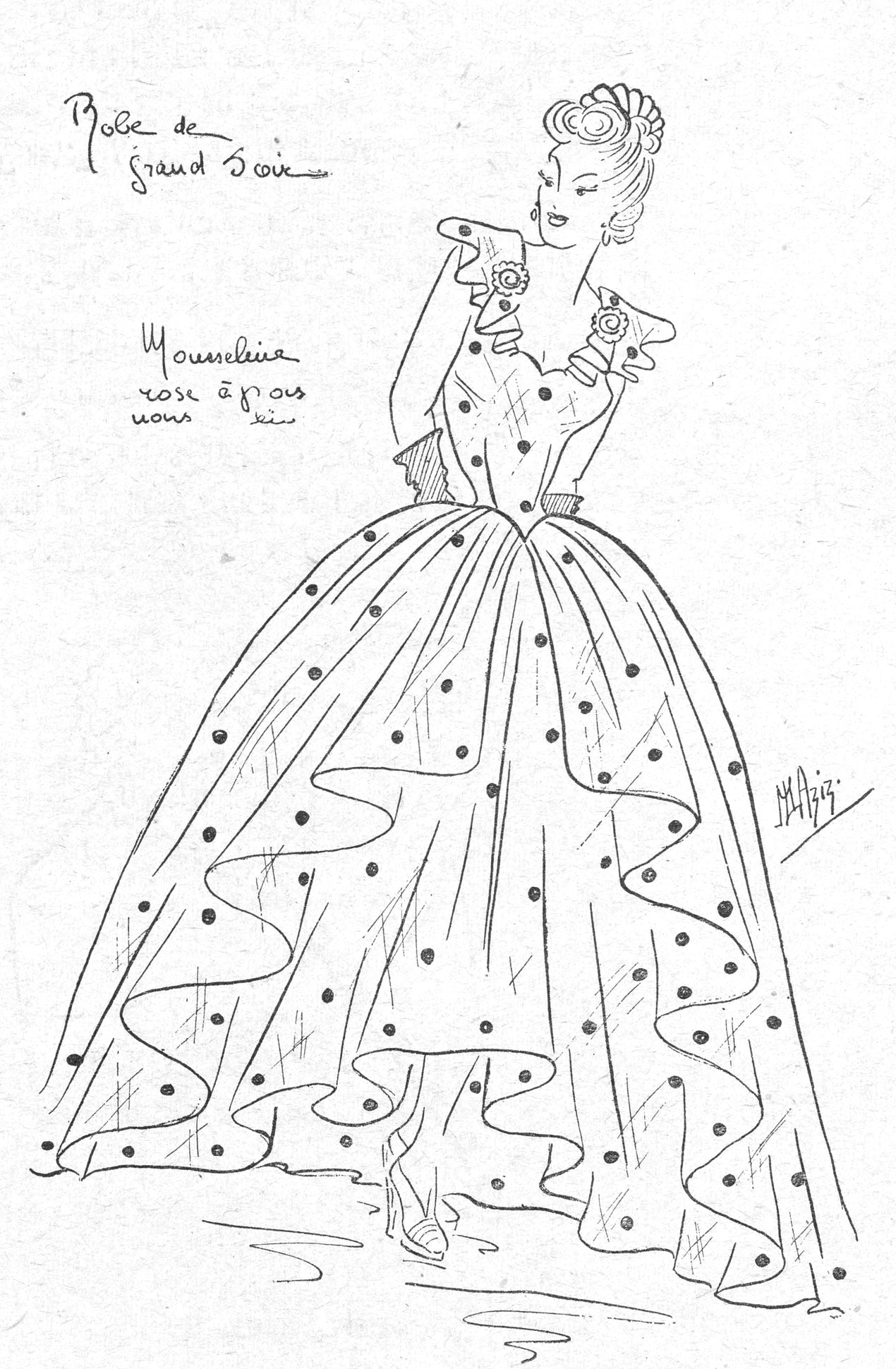 Robe de grand soir — Mousseline rose à pois noirs