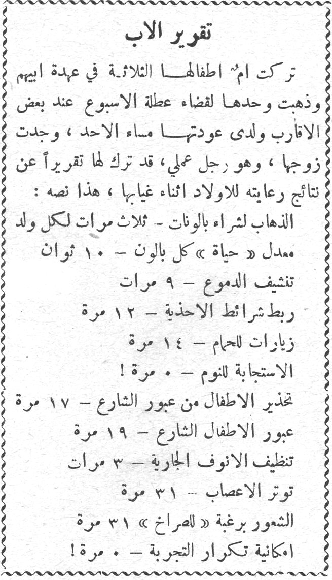 تقرير الاب تركت امّ اطفالها الثلاثة في عهدة ابيهم وذهبت وحدها لقضاء عطلة الاسبوع عند بعض الاقارب ولدى عودتها مساء الاحد ، وجدت زوجها ، وهو رجل عملي ، قد ترك لها تقريراً عن نتائج رعايته للاولاد اثناء غيابها ، هذا نصه : الذهاب لشراء بالونات - ثلاث مرات لكل ولد معدل « حياة » كل بالون - ١٠ ثوان تنشيف الدموع - ٩ مرات ربط شرائط الاحذية - ١٢ مرة زيارات للحمام - ١٤ مرة الاستجابة للنوم - ٠ مرة ! تحذير الاطفال من عبور الشارع - ١٧ مرة عبور الاطفال الشارع - ١٩ مرة تنظيف الانوف الجارية - ٣ مرات توتر الاعصاب - ٣١ مرة الشعور برغبة « للصراخ » - ٣١ مرة امكانية تكرار التجربة - ٠ مرة !