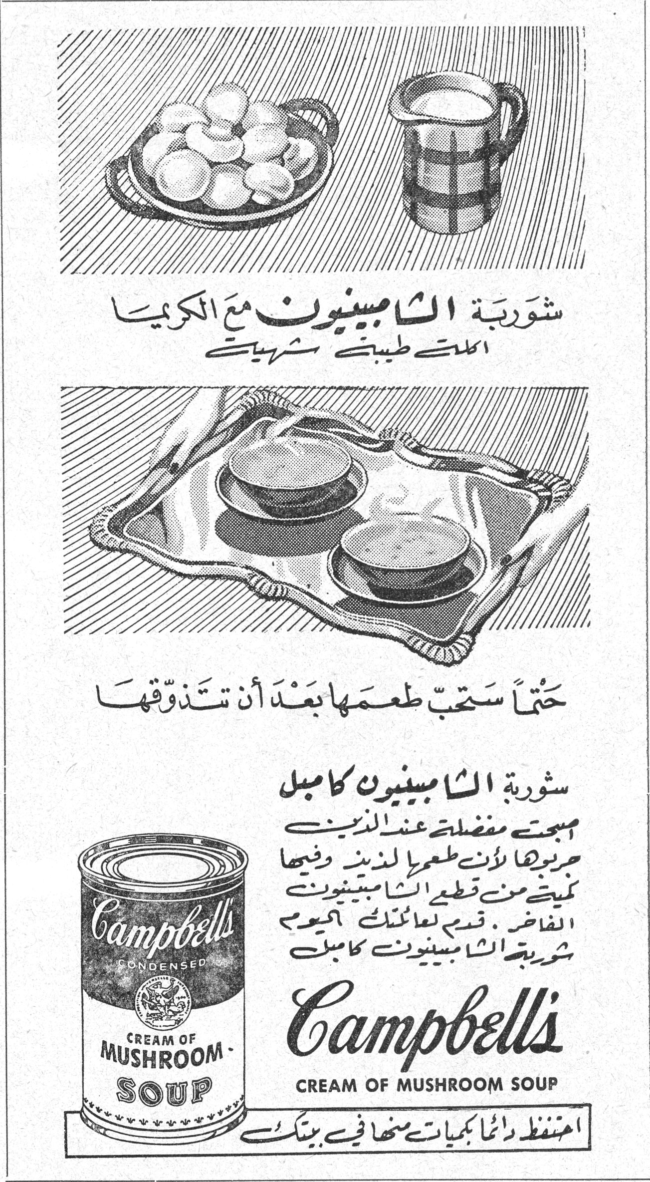 شوربة الشامبينيون كامبل — شوربة الشامبينيون مع الكريما — الكلها طيبة شهية — حتماً ستحب طعمها بعد ان تتذوقها — شوربة الشامبينيون كامبل — اصبحت مفضلة عند الذين جربوها لأن طعمها لذيذ وفيها كميات من قطع الشامبينيون الفاخر . قدمي لعائلتك اليوم شوربة الشامبينيون كامبل — Campbell's — CREAM OF MUSHROOM SOUP — احتفظي دائماً بكميات منها في بيتك