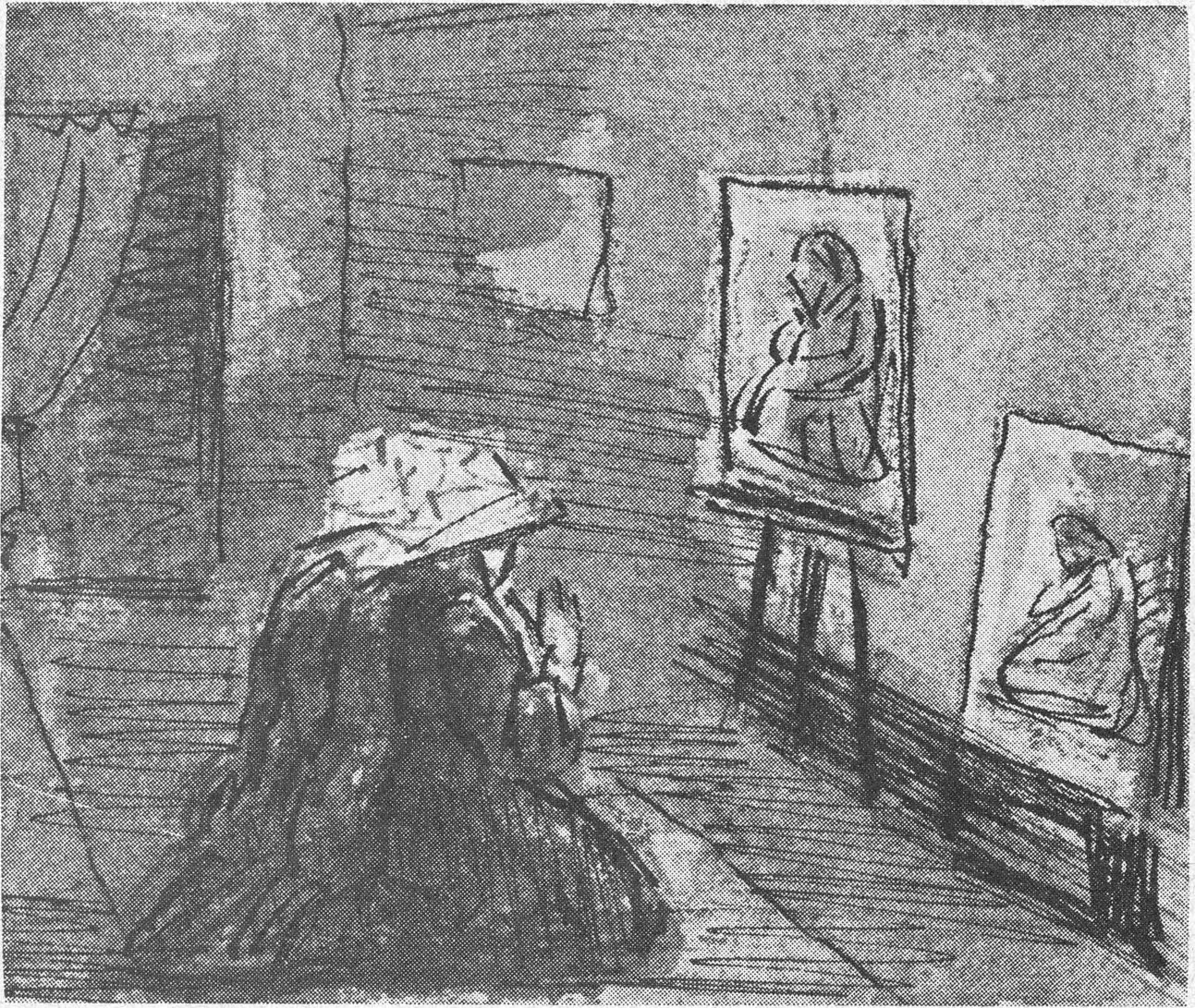 رسم راهبات يدخلن بوقار أمام صور دينية