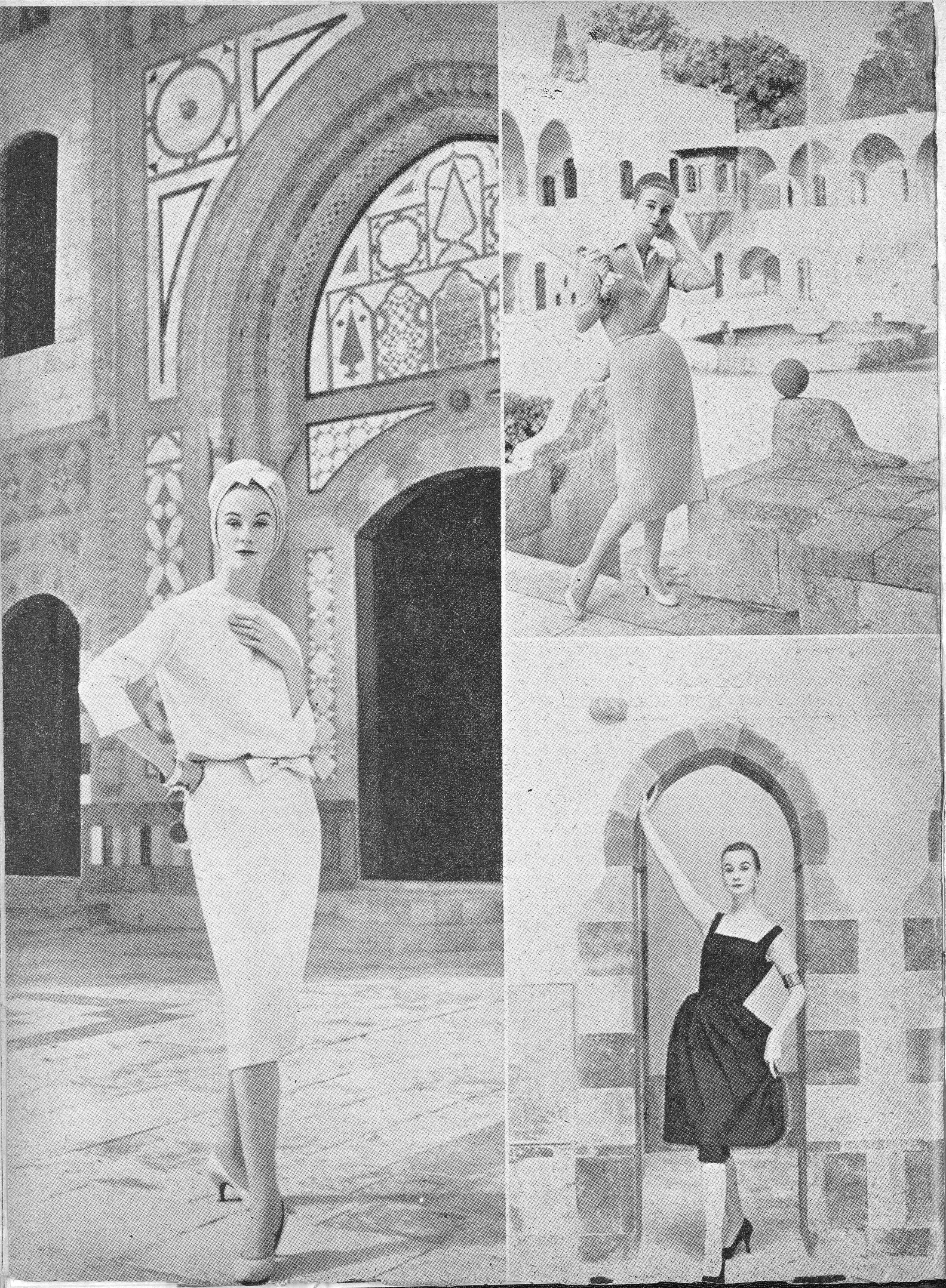 صفحة مصورة تعرض ثلاث صور لأزياء نسائية أمام عمارة عربية